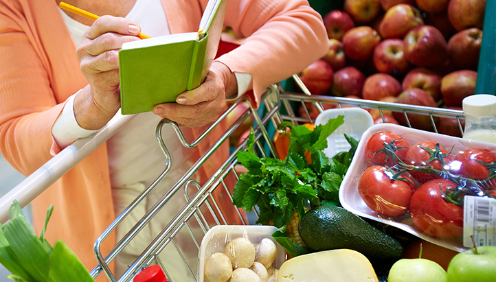 Woman checking shopping list with cart full of vegetables and fruit