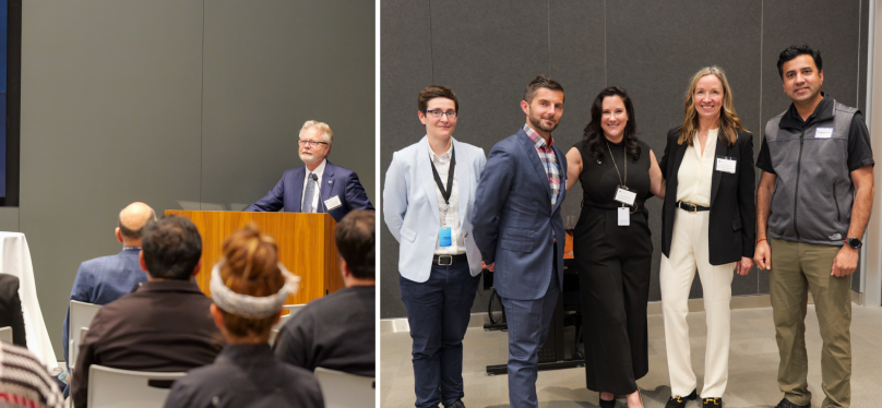 Side-by-side images of TLI staff and Joe W. Ramos addressing an audience
