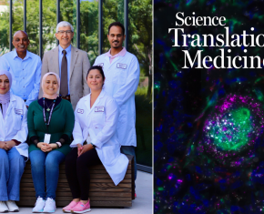 Group of medical professionals pictured in the left column. Cover of Science Translational Medicine in the right column.